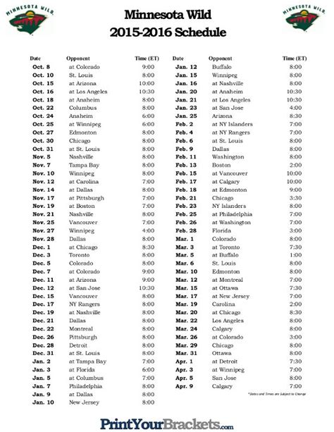 Printable Minnesota Wild Schedule