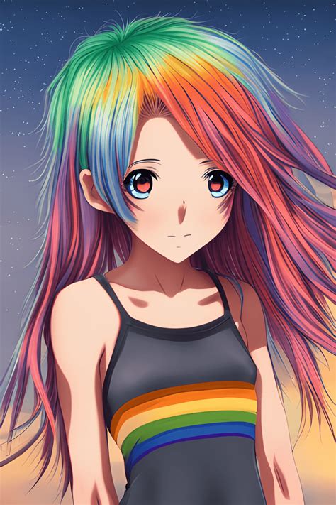 Beautiful Anime Girl with Rainbow Hair and Starry Eyes · Creative Fabrica