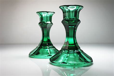 Libbey Green Candlestick Holders, Set of 2, Paneled, Candles Included