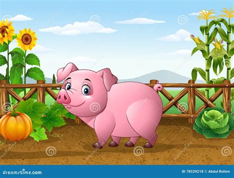 Cartoon Pig with Farm Background Stock Vector - Illustration of flower ...