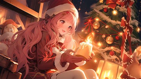 Christmas Anime Girl with Candle Desktop Wallpaper Free in 4K