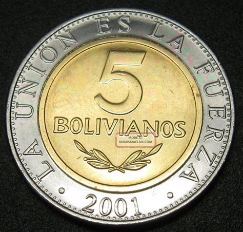 Bolivia 5 Bolivianos Coin 2001 Km 212 Bi Metallic Au