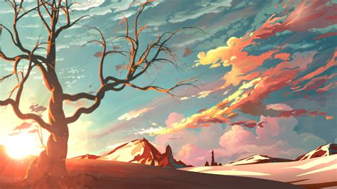 Red Sky Mountains Trees Digital Art Painting 4k Wallpaper,HD Artist ...