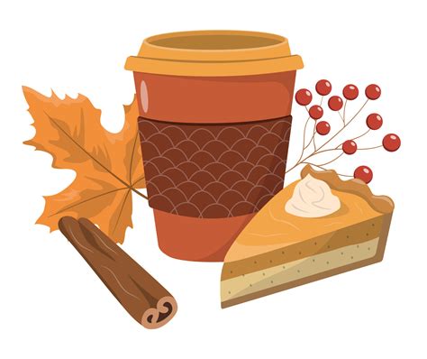 Autumn coffee cup with pumpkin pie, cinnamon stick, and autumn leaf ...