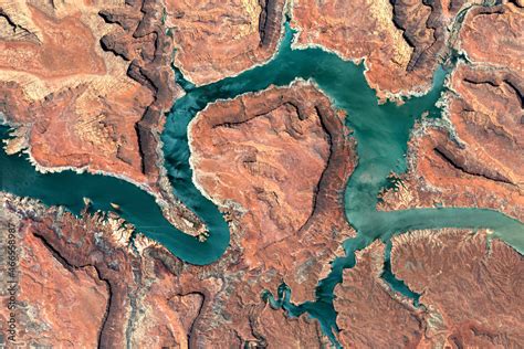 Colorado River, Lake Powell and Trachyte Canyon looking down aerial ...