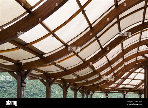 Wood beams roof structure with S curve shape, covered with ...