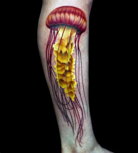 3D very realistic looking multicolored jelly-fish tattoo on leg ...