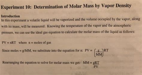 Solved Experiment 10: Determination of Molar Mass by Vapor | Chegg.com