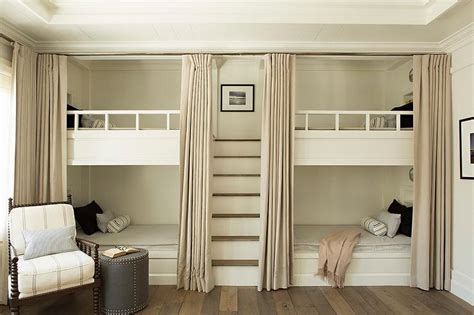 Built In Bunk Beds with Beige Privacy Curtains - Transitional