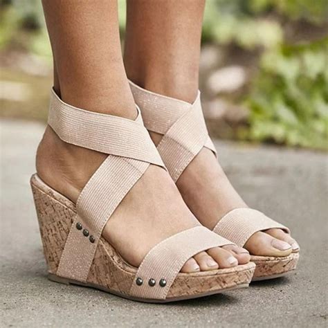 Large Size Women Peep Toe Elastic Band Cross Wedge Sandals | Wedge heel ...