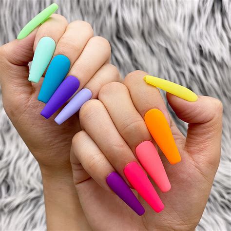 HANDMADE- SOLID RAINBOW MULTI MATTE COLORS in 2021 | Neon acrylic nails ...