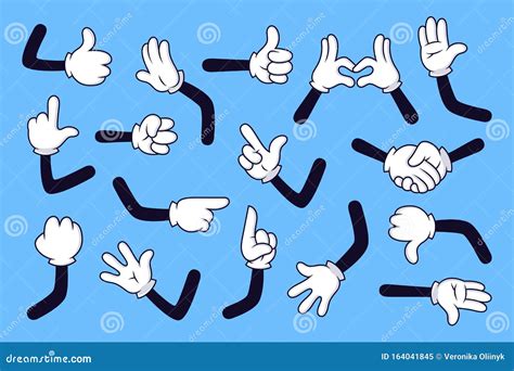 Cartoon Arms. Gloved Hands with Different Gestures, Various Comic Hands ...