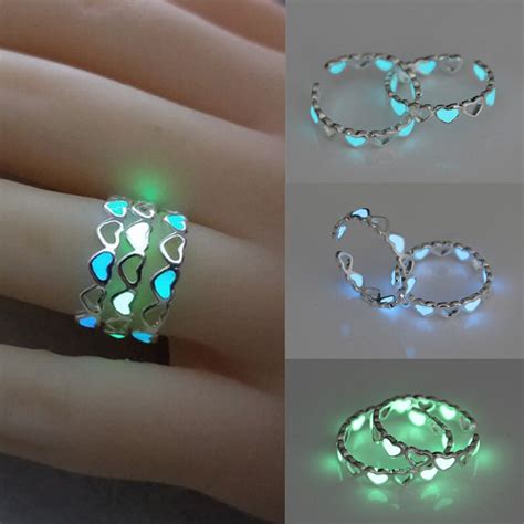 Adjustable Hollow Heart Luminous Ring Glow In Dark Silver Color Rings ...