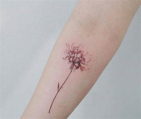 Red Spider Lily tattoo on the inner forearm.