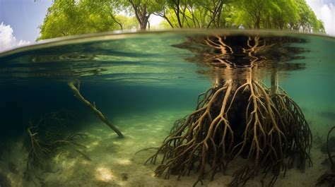 Premium AI Image | Mangrove tree and roots under water surface green