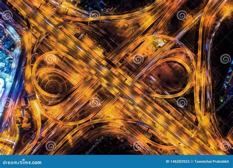 Aerial View of Traffic on Massive Highway Intersection at Night Stock ...