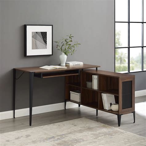 stylish industrial l shaped desk with keyboard tray and open shelving ...