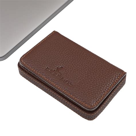 Brown Leather Card Case, Small Leather Wallet Card Holder with Magnetic ...