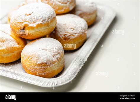 Berliner Pfannkuchen, a German donut, traditional yeast dough deep ...