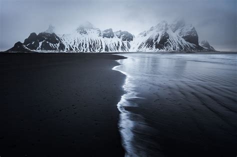 #beach black Sand #Coast #Dark #landscape #monochrome #mountains # ...