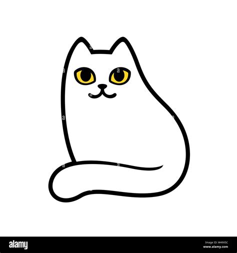 Cartoon white cat drawing with yellow eyes. Simple and minimal sitting ...