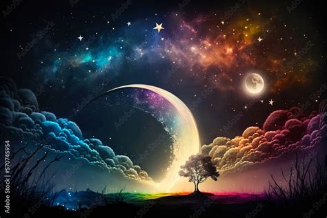 Magical night background with full moon, beautiful rainbow at starry ...