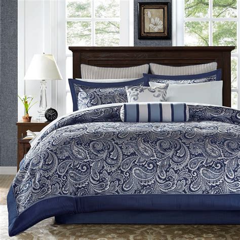 12pc Navy Blue Paisley Jacquard Weave Comforter Set AND Sheet Set ...