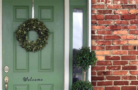 green front door with wreath brick house | Brick house front door ...