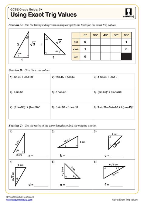 Using Exact trig Values Worksheet | Printable PDF Worksheets