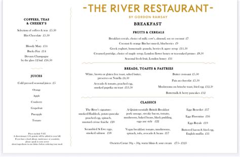 The River Restaurant London's full menu online