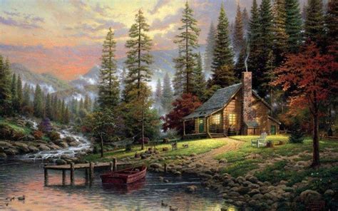 thomas kinkade nature landscape painting artwork trees forest clouds ...