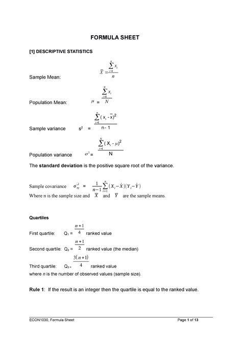 Business statistics formula Sheet - FORMULA SHEET [1] DESCRIPTIVE ...