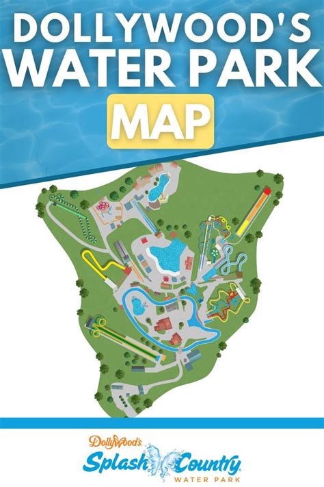 the map for dollywood's water park is shown in blue and white text