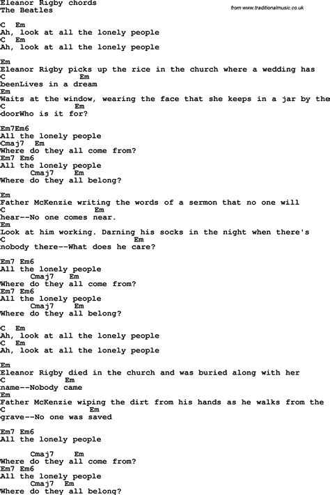 Song lyrics with guitar chords for Eleanor Rigby - The Beatles