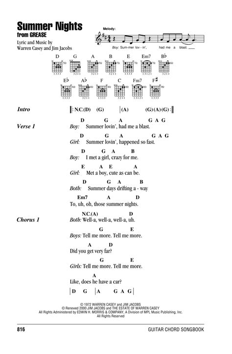 Summer Nights by Warren Casey - Guitar Chords/Lyrics - Guitar Instructor