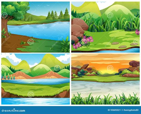 Four Nature Scenes with Mountains Stock Vector - Illustration of forest ...