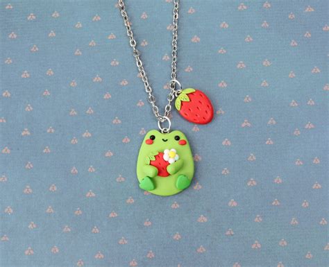 Goblincore Jewelry Frog With Strawberry Necklace Happy Green | Etsy