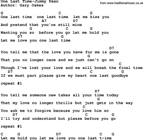 Country Music:One Last Time-Jimmy Dean Lyrics and Chords