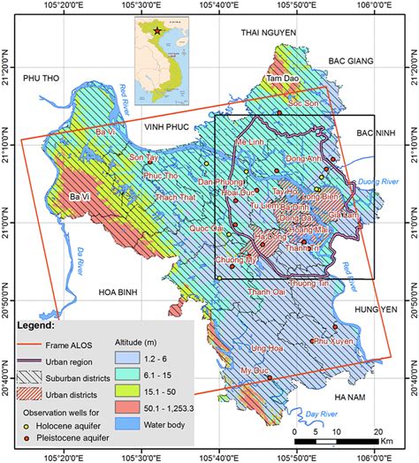 Map of Hanoi City urban region, with location of urban and suburban ...