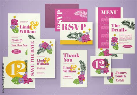 Magenta Botanical Wedding Invitation Set Layout Stock Template | Adobe ...