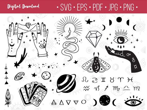 Mystical Tattoo Design Vector Set Linear Mystical Symbol Tattoo Magic ...