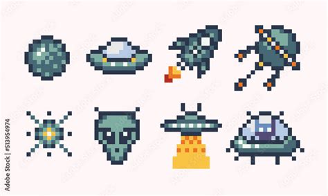 UFO, spaceship, spacecraft pixel art set. Alien ships, rocket ...