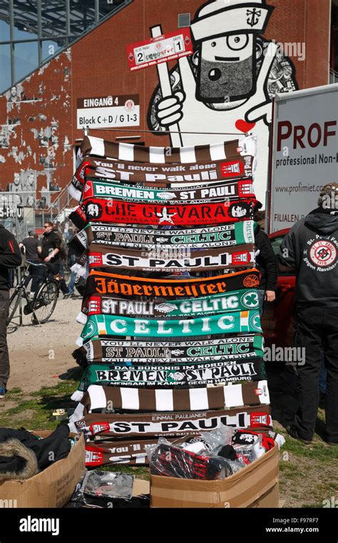 Selling football scarfs of FC St. Pauli football club at Millerntor ...