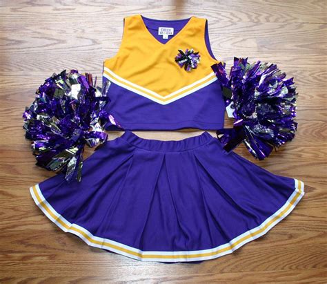 CHEERLEADER OUTFIT COSTUME UNIFORM PURPLE GOLD POM POMS 12 DELUXE SET ...