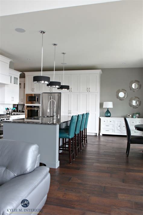 Open layout white kitch with gray painted island, teal accents. Sherwin ...