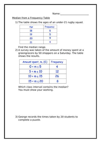 MEDIAN FROM A FREQUENCY TABLE WORKSHEET | Teaching Resources