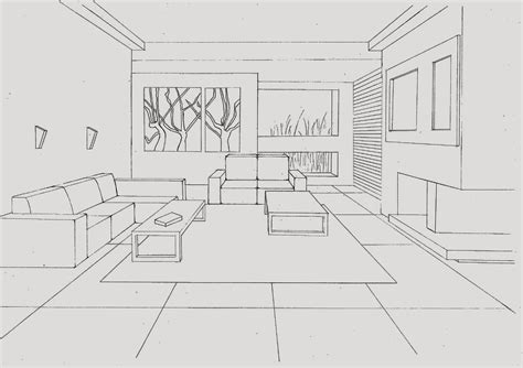 Interior Perspective, living room, hand sketch line work with pencil ...