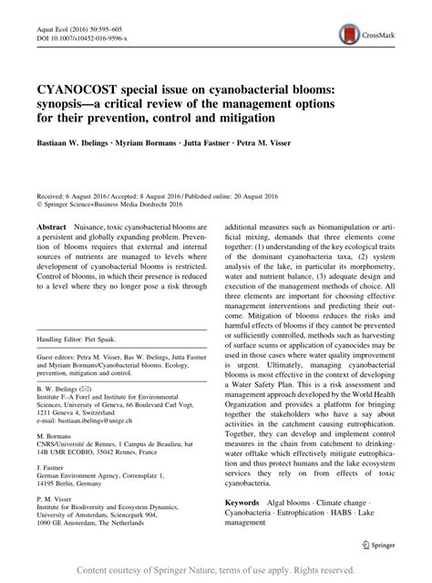 CYANOCOST special issue on cyanobacterial blooms: synopsis—a critical ...