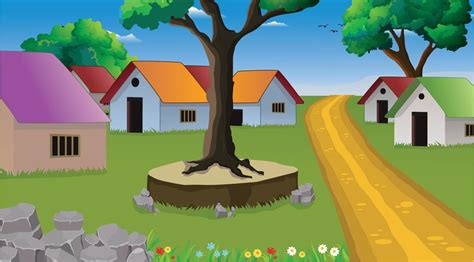 Village cartoon background illustration with old style cottage, well ...