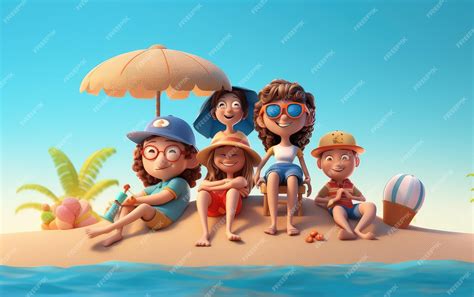 Premium AI Image | 3d kids cartoon characters on the beach enjoying ...